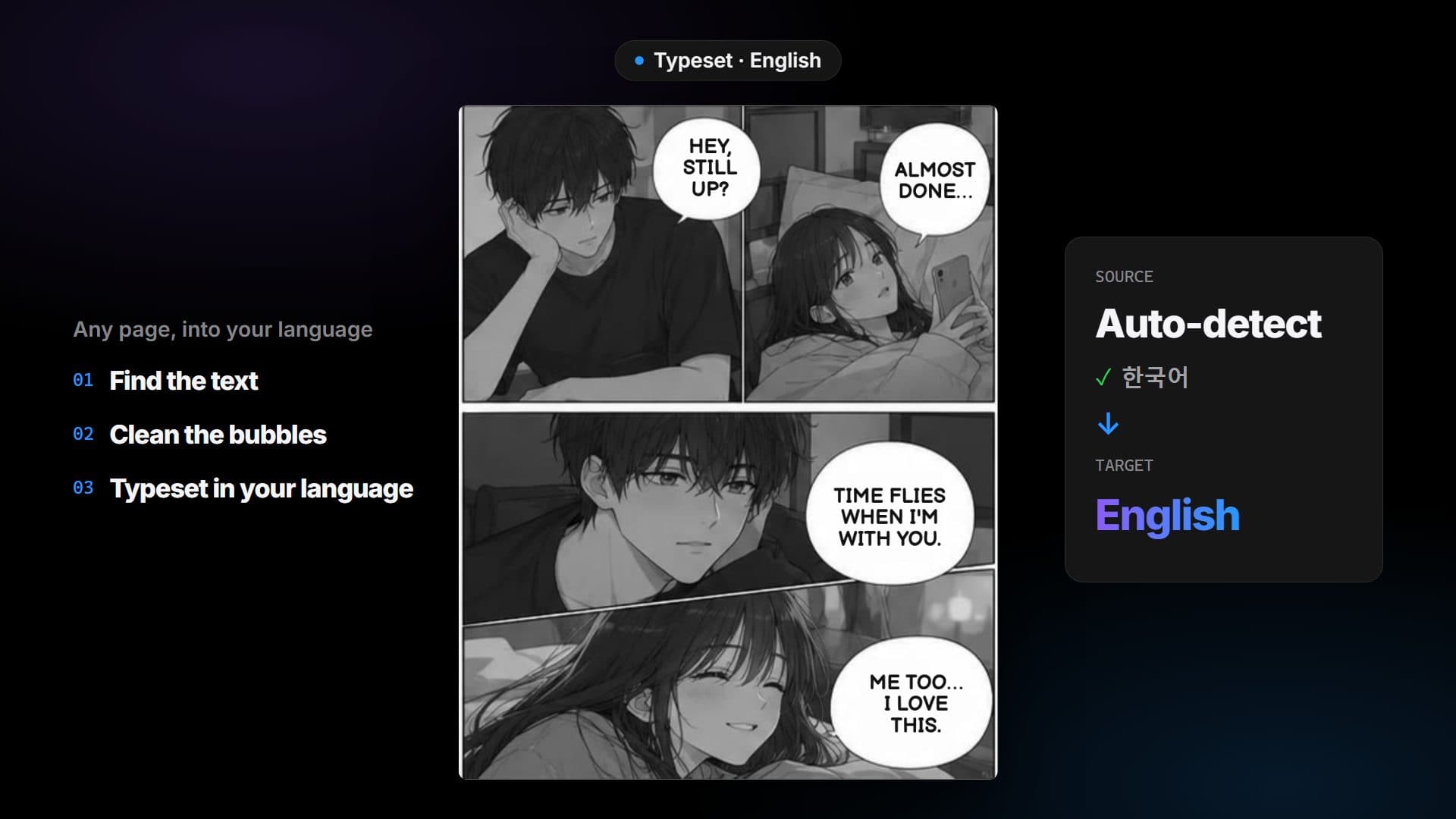 Two sample manhwa pages made for RuneManga, one after the other: the Korean text is found, the bubbles are cleaned, and the dialogue is set in English, Spanish, Turkish, Russian and Portuguese.