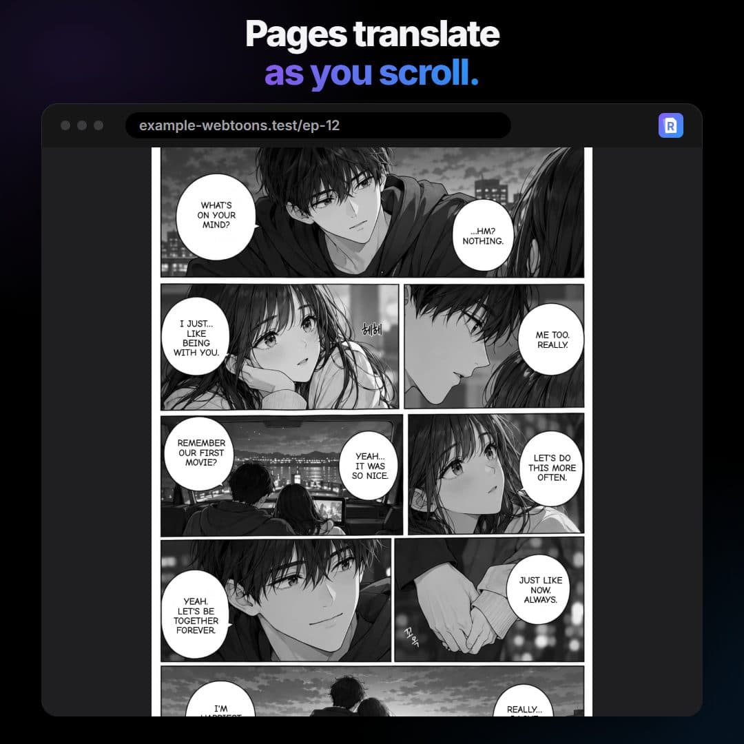 A drawn reader: the pointer rests on a Korean page, its RuneManga logo and bar appear, Auto is switched on, and the pages turn into English as they scroll into view.